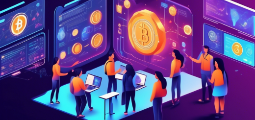 A detailed illustration of a beginner-friendly cryptocurrency guide: a futuristic classroom with diverse students eagerly learning about digital currencies. The walls are decorated with charts and diagrams explaining blockchain, Bitcoin, Ethereum, and other cryptocurrencies. A holographic teacher points to a large digital screen displaying cryptocurrency symbols, while students use tablets and laptops. Elements of digital wallets, mining, and transaction processes are visually represented around the room.