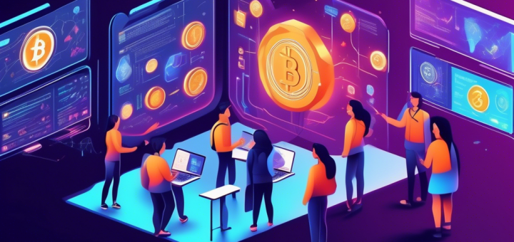 A detailed illustration of a beginner-friendly cryptocurrency guide: a futuristic classroom with diverse students eagerly learning about digital currencies. The walls are decorated with charts and diagrams explaining blockchain, Bitcoin, Ethereum, and other cryptocurrencies. A holographic teacher points to a large digital screen displaying cryptocurrency symbols, while students use tablets and laptops. Elements of digital wallets, mining, and transaction processes are visually represented around the room.