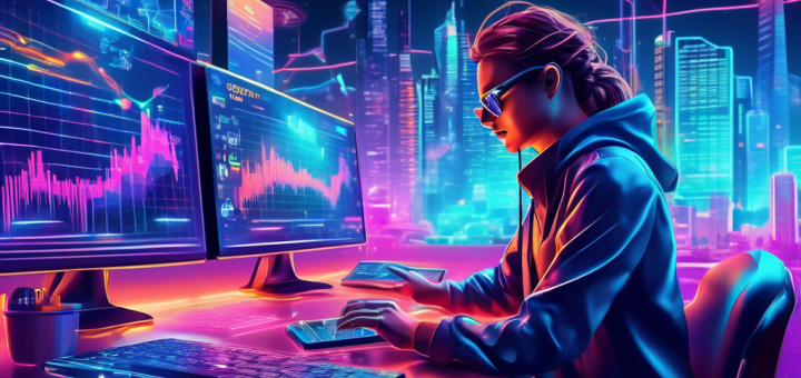 Create a digital illustration depicting a futuristic trading scene with symbols of cryptocurrencies like Bitcoin, Ethereum, and others in a vibrant, dynamic environment. Include a confident trader analyzing charts and graphs on multiple holographic screens. Use bright, electrifying colors to convey the fast-paced and high-stakes nature of crypto trading. Add a backdrop of a modern cityscape with digital currency signs and blockchain motifs integrated into the architecture.