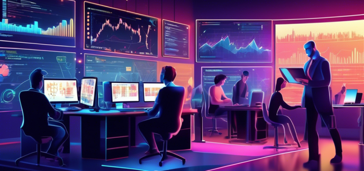 Create a digital illustration of a modern, high-tech workspace featuring multiple computer screens displaying cryptocurrency charts and market data. The scene is populated with a few focused individuals analyzing graphs, discussing strategies, and placing trades. Incorporate elements such as a sleek laptop, coffee cups, sticky notes with trading tips, and a whiteboard with key cryptocurrency trading concepts. Ensure the environment is vibrant and dynamic, conveying the fast-paced nature of successful cryptocurrency trading.