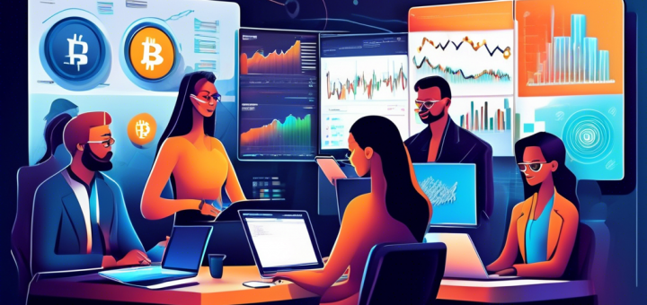 Create an image of a diverse group of people analyzing different crypto trading platforms on various devices such as laptops, smartphones, and tablets, with charts and graphs in the background. The setting is a modern, sleek office environment with large screens displaying different cryptocurrency trends and platform interfaces. Include elements that represent security and innovation, like a padlock icon and futuristic technology designs.