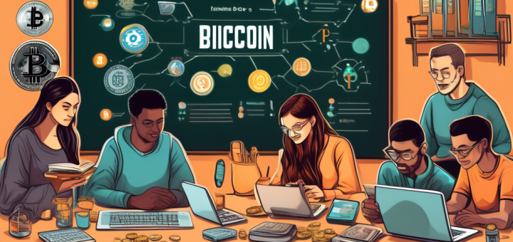 Create an illustration of a diverse group of people, representing different ages and backgrounds, gathered around a table with laptops and smartphones, learning about cryptocurrency investment. The table displays various coins with cryptocurrency logos (Bitcoin, Ethereum, etc.), charts, and guides. The background shows a chalkboard with the title 'Beginner's Guide to Crypto Investment', and shelves with financial books and resources. The atmosphere should feel welcoming and educational.