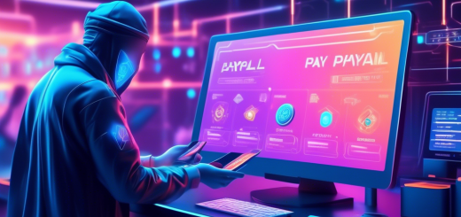 A futuristic digital marketplace scene with a user purchasing cryptocurrency using a PayPal account on a sleek, holographic interface. The background features symbols of popular cryptocurrencies like Bitcoin and Ethereum, and the PayPal logo is prominently displayed. The setting is modern and high-tech, evoking ease and security in the transaction process.