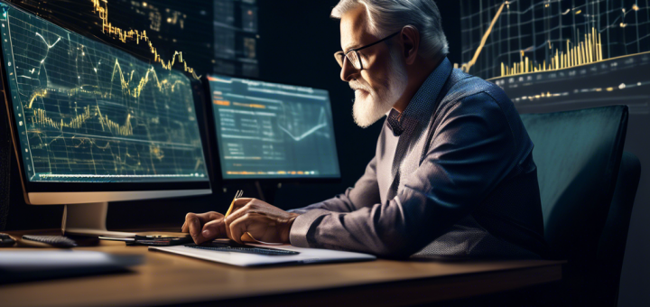 Create an image of a middle-aged person sitting at a modern office desk, intently studying cryptocurrency charts and pension plans on a computer screen. The background should feature blockchain symbols, gold coins, and graphs showing growth, conveying the concept of integrating cryptocurrency into retirement savings. Make sure to include elements that evoke financial planning, like a calculator, pen, and notepad, to emphasize the theme of maximizing retirement savings with a Crypto IRA.