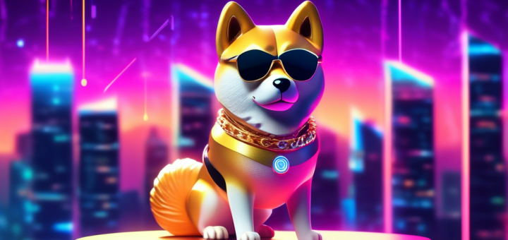 Create an image of a Shiba Inu dog wearing futuristic sunglasses and a gold chain with a shiny coin pendant, standing confidently on a digital podium. Surrounding the podium are holographic charts and graphs showing a sharp rise in value. The background features a vibrant, neon-lit cityscape, combining elements of modern digital finance and a playful, light-hearted atmosphere.