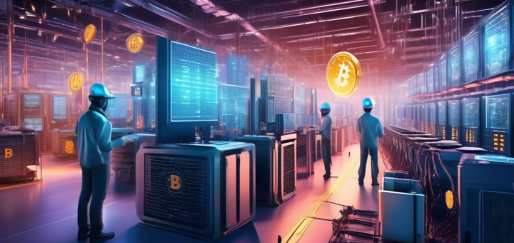 Create a futuristic scene of a high-tech cryptocurrency mining facility. The image shows rows of advanced, glowing computer rigs and sophisticated cooling systems. Energy-efficient designs and renewable energy sources like solar panels and wind turbines are visible. In the background, digital currencies icons such as Bitcoin and Ethereum float holographically. Workers in modern tech outfits monitor the machines via augmented reality interfaces, highlighting both the opportunities and challenges in the evolving world of crypto mining.