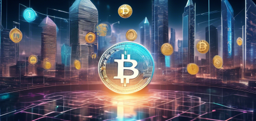 Create an image that represents the futuristic landscape of finance, blending elements of advanced digital technology with traditional financial symbols. Features should include cryptocurrency icons like Bitcoin, Ethereum, and blockchain ledgers intermingling with traditional bank buildings and currency symbols like the dollar and euro. The scene should have a high-tech vibe with holographic displays, digital transactions happening in mid-air, and a global network that connects everything, symbolizing the integration of crypto into mainstream finance.