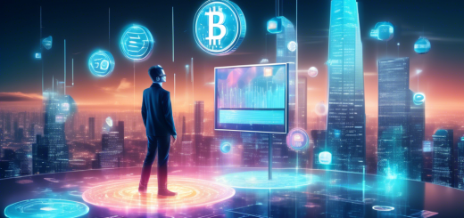 A futuristic financial landscape with glowing holographic graphs, digital coins like Bitcoin and Ethereum floating in mid-air, a person analyzing blockchain data on a transparent touchscreen monitor, and a modern city skyline in the background symbolizing technological advancement.