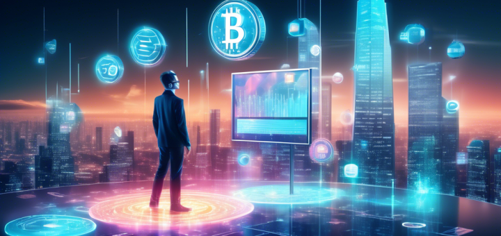 A futuristic financial landscape with glowing holographic graphs, digital coins like Bitcoin and Ethereum floating in mid-air, a person analyzing blockchain data on a transparent touchscreen monitor, and a modern city skyline in the background symbolizing technological advancement.