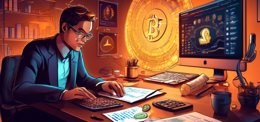 Create a detailed digital illustration showing a person sitting at a desk filled with cryptocurrency symbols, tax documents, and a laptop with a cryptocurrency tax software open. In the background, there’s a chart detailing cryptocurrency tax guidelines and a magnifying glass hovering over it, signifying scrutiny and understanding. The scene is set in a modern, sophisticated home office with warm lighting.