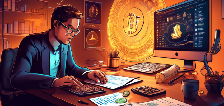 Create a detailed digital illustration showing a person sitting at a desk filled with cryptocurrency symbols, tax documents, and a laptop with a cryptocurrency tax software open. In the background, there’s a chart detailing cryptocurrency tax guidelines and a magnifying glass hovering over it, signifying scrutiny and understanding. The scene is set in a modern, sophisticated home office with warm lighting.