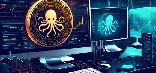 Create a detailed and visually engaging illustration showcasing the Kraken cryptocurrency platform. Include key elements like Bitcoin and Ethereum symbols, investors analyzing market trends on computers, a secure vault representing 'safe investments,' and a modern, sleek digital interface with charts and graphs. The scene should convey a sense of technological advancement and financial growth.