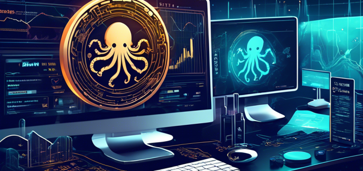 Create a detailed and visually engaging illustration showcasing the Kraken cryptocurrency platform. Include key elements like Bitcoin and Ethereum symbols, investors analyzing market trends on computers, a secure vault representing 'safe investments,' and a modern, sleek digital interface with charts and graphs. The scene should convey a sense of technological advancement and financial growth.