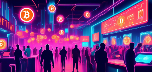 Illustration of a futuristic marketplace bustling with vibrant energy, where people are trading cryptocurrencies. Neon signs with symbols of Bitcoin, Ethereum, and other digital currencies illuminate the area, while secure booths and digital screens display live market data and exchanges. The atmosphere is lively, yet secure, reflecting the best place to buy and trade crypto.