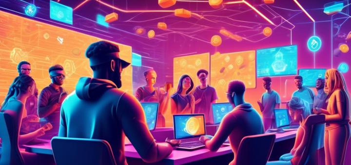 A futuristic digital scene with a diverse group of people engaging in activities like playing video games, completing surveys, and learning online to earn free cryptocurrency. Background features various crypto symbols like Bitcoin, Ethereum, and others. An aura of excitement and innovation permeates the image.