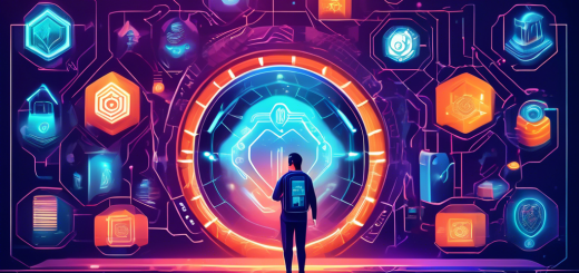 Create an intricate digital illustration that visualizes the concept of crypto security in 2023. The image should include elements such as a futuristic digital vault or safe, advanced encryption icons, and holographic firewalls. Show tech-savvy individuals or avatars in protective gear, managing blockchain ledgers through AR interfaces. Integrate symbols representing secure transactions, such as lock icons and shield emblems, along with a backdrop of a modern cityscape filled with glowing neon signs highlighting the year 2023.