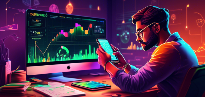 A person sitting at a modern desk, closely examining the Robinhood app on their smartphone, with charts and graphs showing various cryptocurrencies in the background. The setting includes books and notes, giving a sense of someone learning and researching. The overall tone is informative and engaging, with bright lighting and vibrant colors to convey the excitement of investing in cryptocurrencies.