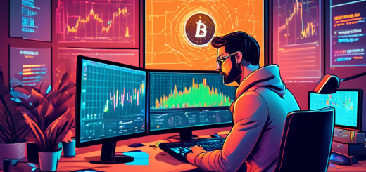 Create a vibrant illustration of a beginner day trader in a modern home office setting, surrounded by screens displaying cryptocurrency charts and graphs. The person should appear focused and engaged, with a detailed guidebook titled 'Mastering Day Trading Crypto' on their desk. The background should feature elements that hint at the fast-paced and dynamic nature of crypto trading, such as clocks, trending tickers, and a coffee mug. The overall mood should be educational and encouraging, ideal for someone new to the world of day trading in cryptocurrency.