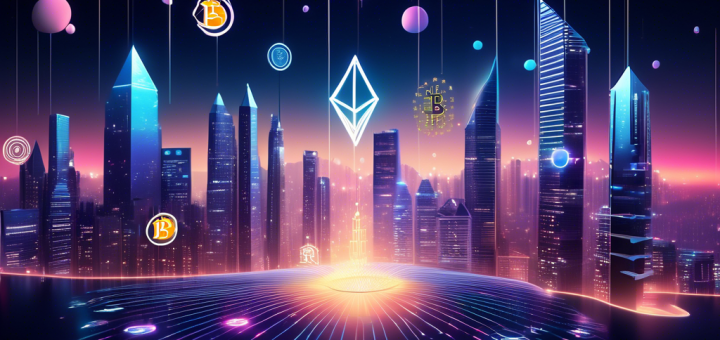 Create an image depicting a futuristic digital landscape with a variety of cryptocurrency symbols (like Bitcoin, Ethereum, Cardano, Solana, and Polkadot) prominently featured. Display them as shining holograms floating above sleek skyscrapers and advanced financial hubs. Add a dynamic arrow or line chart in the background indicating an upward trend, symbolizing growth and potential investments. The overall aesthetic should be high-tech and optimistic, conveying the promise and excitement of cryptocurrency investment.