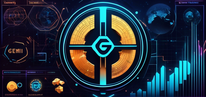 Create an image that symbolizes the emergence of Gemini Crypto in the cryptocurrency trading world. Show a sleek, futuristic trading platform with the Gemini logo prominently displayed, set in a high-tech environment with digital charts, graphs, and floating holographic coins. Include a diverse group of traders, representing global participation, interacting with the platform, emphasizing innovation and accessibility. Bright colors and dynamic lighting should convey the energy and optimism of this new era in cryptocurrency trading.