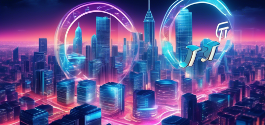 Create an illustration depicting the rise of Pi Coin as a new digital currency revolution. Show a futuristic cityscape with digital holograms, emphasizing the Pi Coin logo prominently. The scene should convey a sense of technological advancement and financial innovation, with people using mobile devices to trade Pi Coins. Include elements of security and connectivity to highlight the blockchain technology underpinning Pi Coin. The overall atmosphere should be vibrant and dynamic, reflecting the excitement and potential impact of this new digital currency.