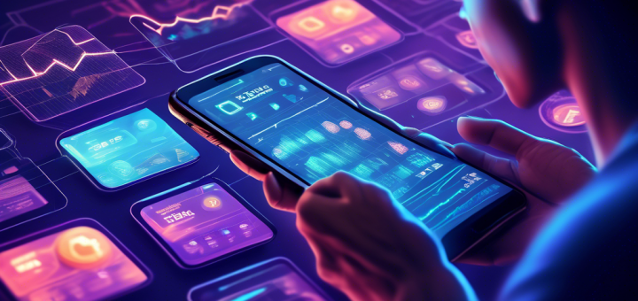 An engaging digital illustration showcasing a person using a smartphone with various top-rated crypto trading apps on the screen, set against a backdrop of futuristic charts, graphs, and digital currencies like Bitcoin and Ethereum. The scene should blend technology and finance, highlighting the tools that enhance trading skills in the cryptocurrency market.