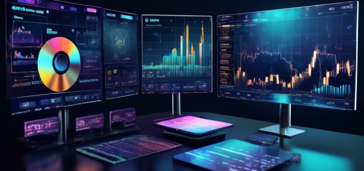 Create an image that illustrates the concept of analyzing the latest trends in cryptocurrency prices. Show a futuristic digital workspace with multiple screens displaying crypto charts, graphs, and analytics data. Include visual representations of popular cryptocurrencies like Bitcoin, Ethereum, and Ripple. Add elements such as market trend lines, candlestick charts, and a financial analyst pointing out key data points while immersed in the high-tech environment.