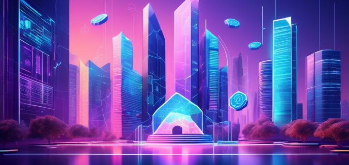 Create an image depicting the concept of a Crypto Bank in a futuristic digital cityscape. Showcase a modern bank building with a high-tech facade, prominently featuring symbols of cryptocurrency like Bitcoin, Ethereum, and others. Surround the bank with holographic financial graphs and user interfaces, emphasizing digital transactions and blockchain technology. Include diverse people using smartphones and tablets, engaging with the crypto bank's services, to convey accessibility and innovation in digital finance.