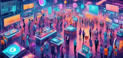 Create an image depicting a futuristic digital marketplace bustling with activity, where various cryptocurrencies symbolized by different iconic coins are being traded. The scene should highlight a central, high-tech crypto exchange hub with holographic displays showing live trading statistics, surrounded by diverse people using smartphones, tablets, and VR headsets to engage in transactions. Incorporate elements that represent security and trust, such as digital locks and blockchain networks, to accentuate the trustworthiness of the crypto exchange in today's digital economy.