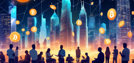 Create an image depicting the fusion of cryptocurrency and stock markets: a digital cityscape where skyscrapers are shaped like candlestick charts and stock graphs, while glowing cryptocurrency symbols such as Bitcoin and Ethereum float in the sky like constellations. In the foreground, a diverse group of people are engaging with digital devices, showcasing the global nature and innovative spirit of this financial intersection. The atmosphere should be futuristic yet accessible, reflecting both the complexity and the potential of integrating crypto and traditional stocks.