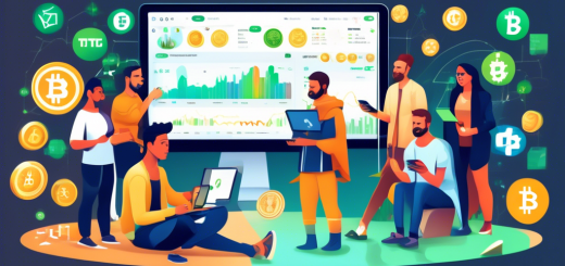 Create an illustration of a diverse group of people gathered around a digital interface displaying various cryptocurrencies on the eToro platform. Include symbols like Bitcoin, Ethereum, and other digital assets, with charts and graphs in the background. The setting should be modern and inviting, symbolizing a beginner-friendly environment. Highlight elements of technology, innovation, and a sense of curiosity as the group engages with the trading interface.