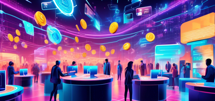 Create an illustration of a futuristic marketplace scene, where digital coins are floating around and various virtual credit cards are interacting with them. In the background, show abstract representations of blockchain and cybersecurity elements, emphasizing seamless transactions and privacy. The atmosphere should be vibrant and tech-oriented, with holographic displays indicating the ease and accessibility of buying cryptocurrency without verification.