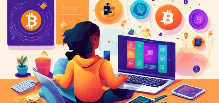 Create an image that visually represents a beginner learning about cryptocurrency. The scene shows a young person sitting at a desk with a laptop open to a colorful infographic about different crypto coins. The room is filled with various educational elements like books titled Blockchain Basics, a poster of a Bitcoin symbol, and a digital wallet device beside the laptop. On the desk, there's also a cup of coffee, a notebook with scribbled notes, and a small potted plant adding a touch of greenery. The overall atmosphere should be one of learning and curiosity, with bright and inviting colors to capture the viewer's interest.