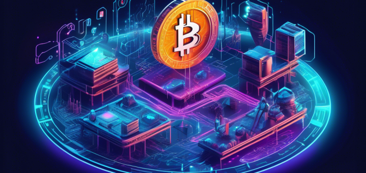 Create an image that visually represents the concept of cryptocurrency mining, featuring a futuristic mining rig with intricate circuits and digital symbols floating around it. The background is a digital landscape representing blockchain networks, with a miner character in a high-tech suit interacting with a holographic interface displaying various cryptocurrencies like Bitcoin and Ethereum. The environment should have a glowing neon aesthetic to emphasize the advanced technology involved in the mining process.