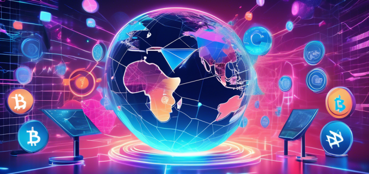 Create an image showcasing a futuristic digital landscape representing successful crypto marketing strategies. In the foreground, diverse marketing symbols like megaphones, graphs, and hashtag symbols float around vibrant digital currencies like Bitcoin, Ethereum, and others. In the background, a digital billboard displays a holographic globe surrounded by interconnected networks, symbolizing global reach and connectivity in the crypto space. The overall color scheme is a blend of blue and gold, highlighting both the tech and financial aspects of the subject.