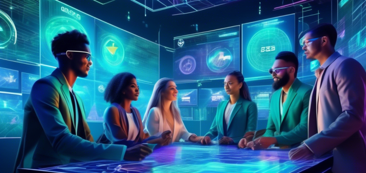 Create a futuristic digital artwork depicting a group of diverse individuals in a sleek, high-tech room, each engaged with holographic screens displaying various cryptocurrency trading platforms of 2023. Include vibrant graphs, charts, and currency symbols floating around. Use a blue and green color palette to emphasize the digital and financial theme. The atmosphere should convey innovation and excitement within the crypto trading world.