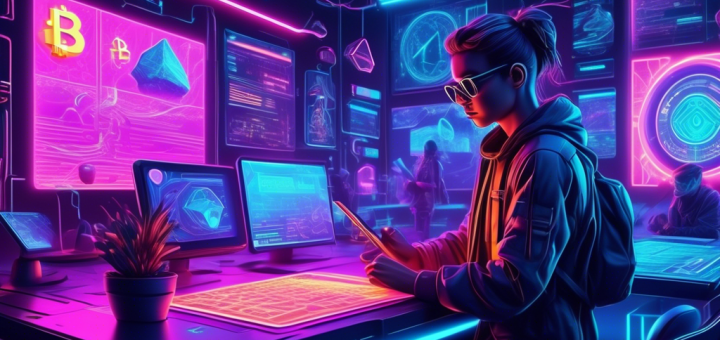 Create an image of a futuristic digital landscape, with glowing neon signs representing popular cryptocurrency platforms such as Binance, Coinbase, and Kraken. The scene should feature both a novice user, represented as a curious young explorer browsing the sites on a sleek tablet, and a professional trader, depicted as a focused individual analyzing digital currencies on multiple holographic screens. The background should include elements of blockchain art, such as interconnected circuits and blockchain symbols, to highlight the technological aspect of cryptocurrency.