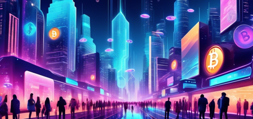 Create an illustration of a futuristic cityscape in 2023 with digital screens and holograms displaying various cryptocurrency symbols like Bitcoin, Ethereum, Solana, and Cardano. The streets are bustling with people using advanced gadgets for transactions, and there are banners or billboards showcasing the top-performing cryptocurrencies of 2023. The atmosphere is vibrant, reflecting an optimistic outlook towards financial technology.