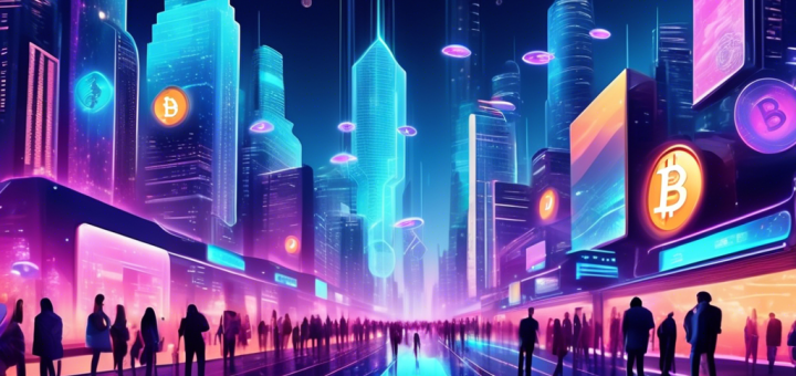 Create an illustration of a futuristic cityscape in 2023 with digital screens and holograms displaying various cryptocurrency symbols like Bitcoin, Ethereum, Solana, and Cardano. The streets are bustling with people using advanced gadgets for transactions, and there are banners or billboards showcasing the top-performing cryptocurrencies of 2023. The atmosphere is vibrant, reflecting an optimistic outlook towards financial technology.