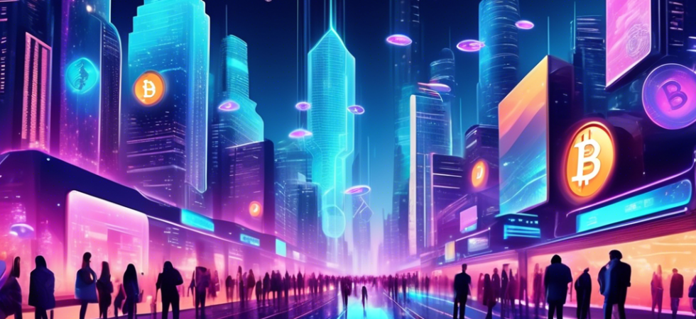 Create an illustration of a futuristic cityscape in 2023 with digital screens and holograms displaying various cryptocurrency symbols like Bitcoin, Ethereum, Solana, and Cardano. The streets are bustling with people using advanced gadgets for transactions, and there are banners or billboards showcasing the top-performing cryptocurrencies of 2023. The atmosphere is vibrant, reflecting an optimistic outlook towards financial technology.