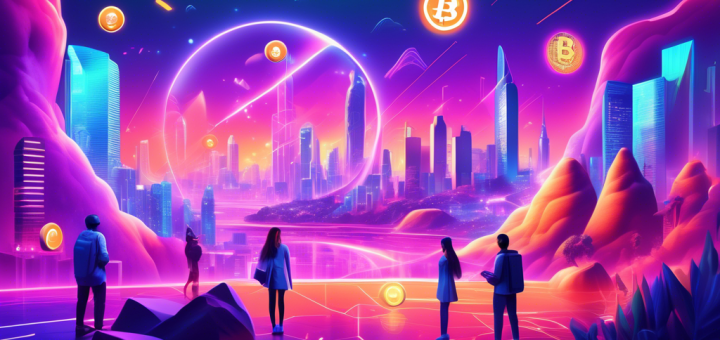 Create an imaginative and futuristic digital illustration depicting a vibrant cryptocurrency landscape in 2023. The scene should include various people engaging in activities to earn cryptocurrency: a person trading crypto on a sleek, holographic interface, another mining crypto using advanced, eco-friendly technology, and an artist creating NFTs in a virtual reality studio. In the background, cityscapes with digital currency symbols like Bitcoin, Ethereum, and Solana are displayed on towering billboards. The environment should be filled with bright, dynamic colors and a sense of technological advancement, reflecting the innovation and excitement of earning crypto in 2023.