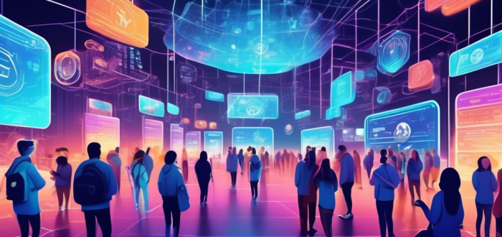 Create an image depicting a futuristic digital landscape where individuals are using sleek, high-tech crypto cards for transactions. The scene should showcase a diverse group of people at a bustling, modern marketplace filled with digital kiosks and holographic displays. The crypto cards should have a glowing, digital appearance, with various cryptocurrency symbols subtly integrated into their design. Emphasize the seamless and innovative nature of using these cards in everyday transactions, capturing the essence of convenience and technological advancement.