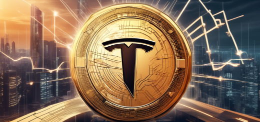 Create an image illustrating the dynamic interplay of factors influencing the price of a fictional cryptocurrency called Tesla Coin. The scene features a futuristic digital financial landscape where various elements, including graphs, market trend arrows, and digital screens displaying news headlines, swirl around a central golden coin emblazoned with a Tesla logo. In the background, a cyber city skyline with a giant digital clock represents real-time data analytics. The atmosphere is vibrant and energetic, capturing the fast-paced nature of cryptocurrency markets in a technologically advanced setting.