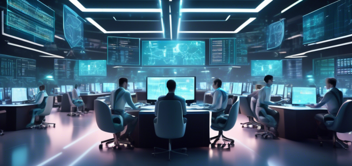 Create an image of a futuristic trading floor where humans and advanced robots work side by side. The scene should depict a dynamic environment with holographic screens displaying cryptocurrency prices and charts. Highlight a sleek, humanoid crypto bot analyzing data, making trades, and interacting with human traders. The setting should incorporate elements of advanced technology and modern architecture, emphasizing the seamless integration of AI and human collaboration in the financial world.