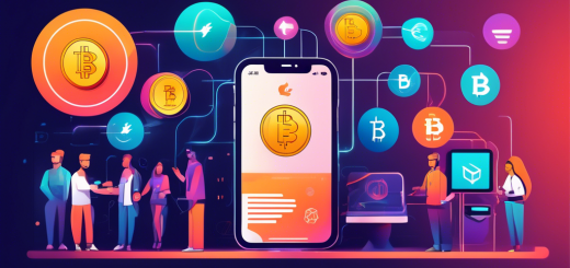 Create an illustration of a futuristic digital marketplace where diverse cryptocurrencies are being exchanged using Apple Pay. The scene should depict a user-friendly interface on a sleek, modern device, showing the step-by-step process of purchasing crypto with Apple Pay. Include icons or representations of popular cryptocurrencies like Bitcoin and Ethereum, and a prominent Apple Pay logo integrated into the transaction process. The atmosphere should be vibrant and tech-forward, highlighting innovation in digital finance.