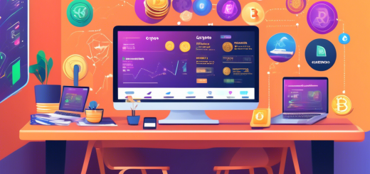 Create an image depicting a beginner-friendly scene for buying cryptocurrency. Imagine a cozy, inviting room with a person comfortably seated at a desk, surrounded by symbols of popular cryptocurrencies like Bitcoin, Ethereum, and Cardano. On the desk, there's an open laptop showing an easy-to-understand crypto marketplace interface, colorful infographics explaining the steps of buying crypto, and a cup of coffee on the side. Ensure the atmosphere is warm and educational, emphasizing simplicity and guidance for newcomers in the crypto world.