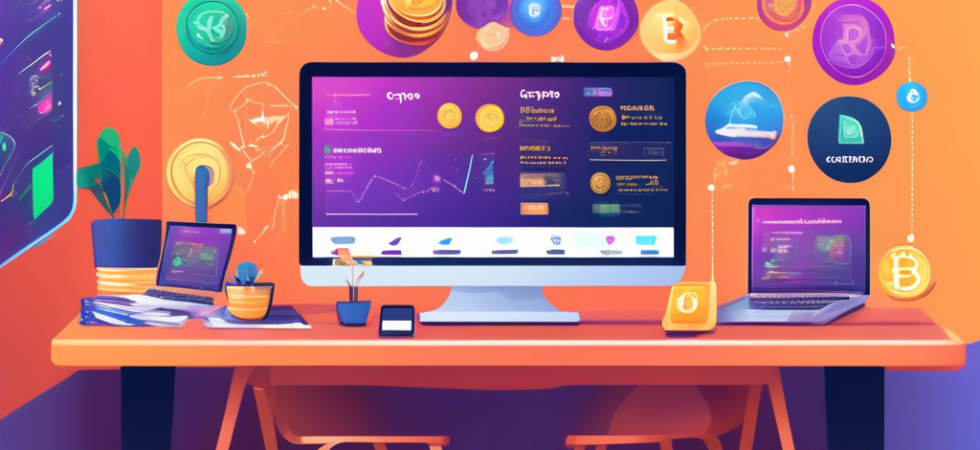 Create an image depicting a beginner-friendly scene for buying cryptocurrency. Imagine a cozy, inviting room with a person comfortably seated at a desk, surrounded by symbols of popular cryptocurrencies like Bitcoin, Ethereum, and Cardano. On the desk, there's an open laptop showing an easy-to-understand crypto marketplace interface, colorful infographics explaining the steps of buying crypto, and a cup of coffee on the side. Ensure the atmosphere is warm and educational, emphasizing simplicity and guidance for newcomers in the crypto world.