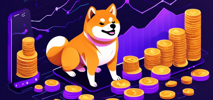 Illustrate a digital scene featuring a Shiba Inu dog standing on a pile of coins, symbolizing the Shiba Inu cryptocurrency. The background includes charts and graphs on computer screens, and a smartphone showing a cryptocurrency trading app. The overall atmosphere is vibrant and engaging, capturing the essence of investing and trading in Shiba Inu Coin.