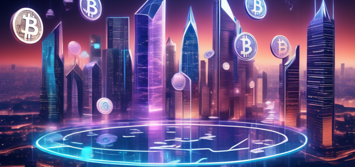 Create an image that depicts the future of finance through the lens of cryptocurrencies. Show a futuristic cityscape where digital currencies are the norm. Include glowing cryptocurrency symbols like Bitcoin, Ethereum, and other emerging coins integrated into the architecture of the buildings. People should be using advanced technology such as holographic wallets and conducting transactions via augmented reality interfaces. Highlight the interconnectedness of global economies with digital currency networks represented by flowing data streams and interconnected nodes.