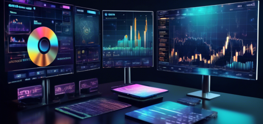 Create an image that illustrates the concept of analyzing the latest trends in cryptocurrency prices. Show a futuristic digital workspace with multiple screens displaying crypto charts, graphs, and analytics data. Include visual representations of popular cryptocurrencies like Bitcoin, Ethereum, and Ripple. Add elements such as market trend lines, candlestick charts, and a financial analyst pointing out key data points while immersed in the high-tech environment.